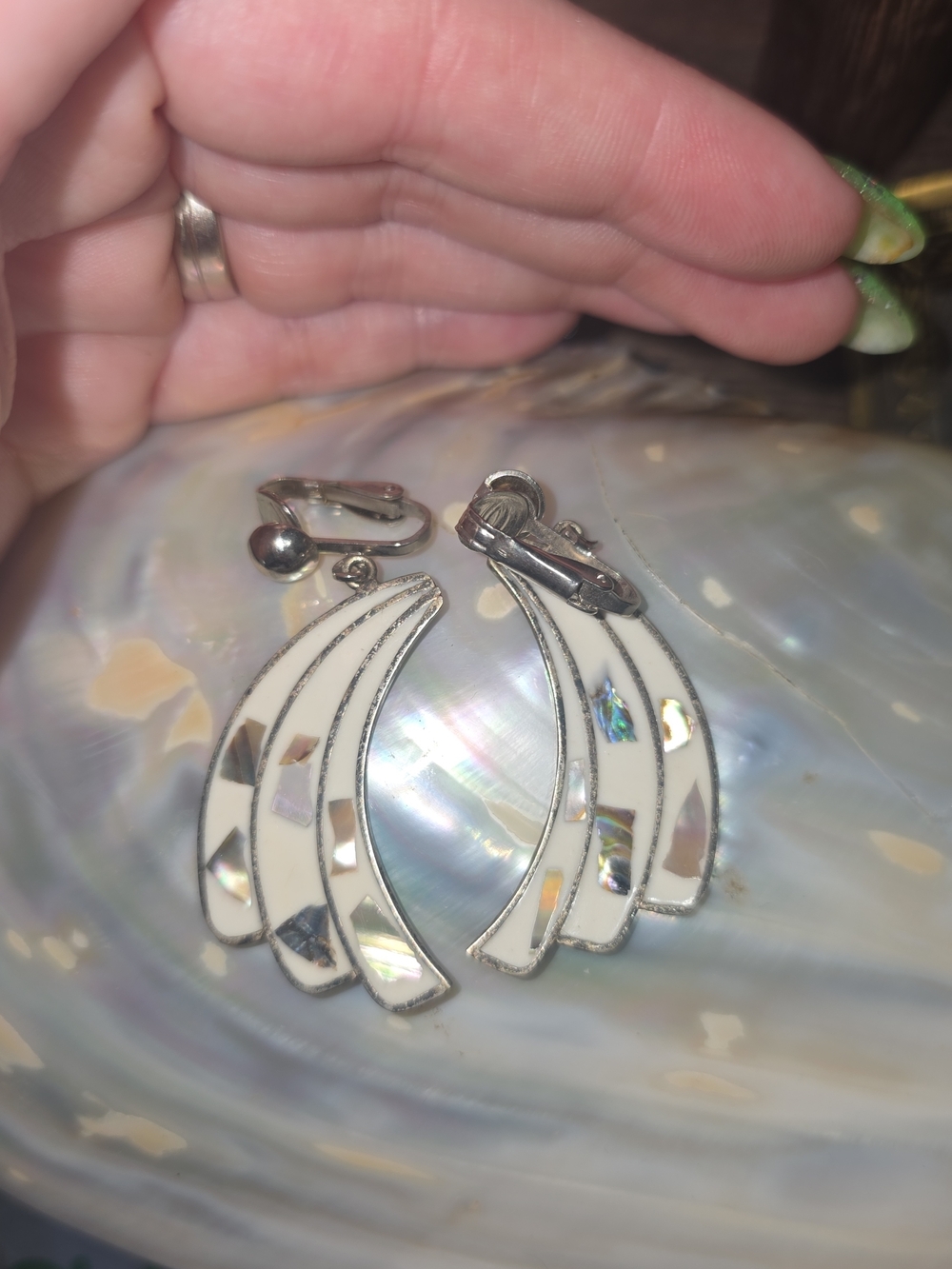 vintage alpaca Mexican marked crushed abalone earrings clip-on